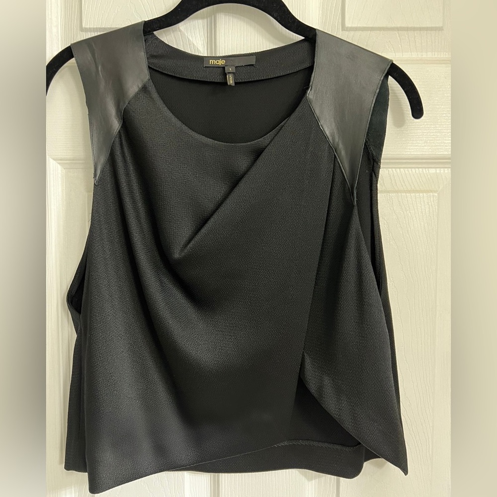 Maje Asymmetrical Black Tank Top with Leather Details Sz 1